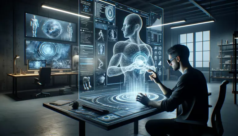Ein futuristischer Arbeitsplatz im Querformat mit einem digitalen Künstler, der eine 3D-Skulptur auf einem holographischen Display in einem modernen Studio modelliert, umgeben von Bildschirmen, die komplexe 3D-Modelle anzeigen.